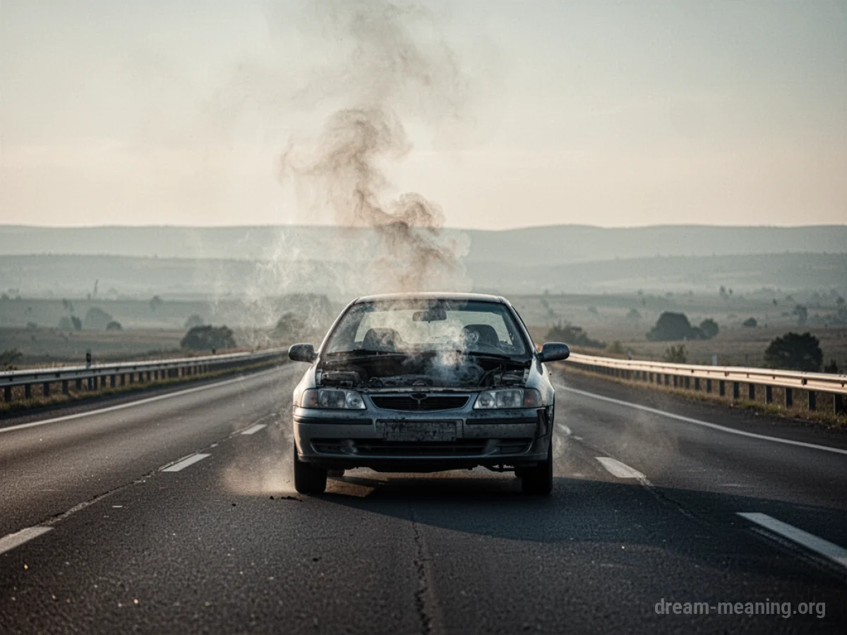 A car stalled on an empty highway with wisps of smoke coming from the engine.