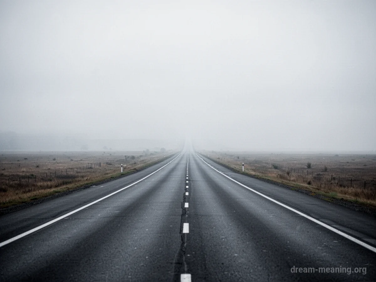 A long highway disappearing into a gray, featureless sky with no visible exits.