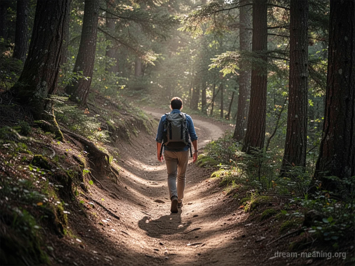 A person walking down a steep forest path.