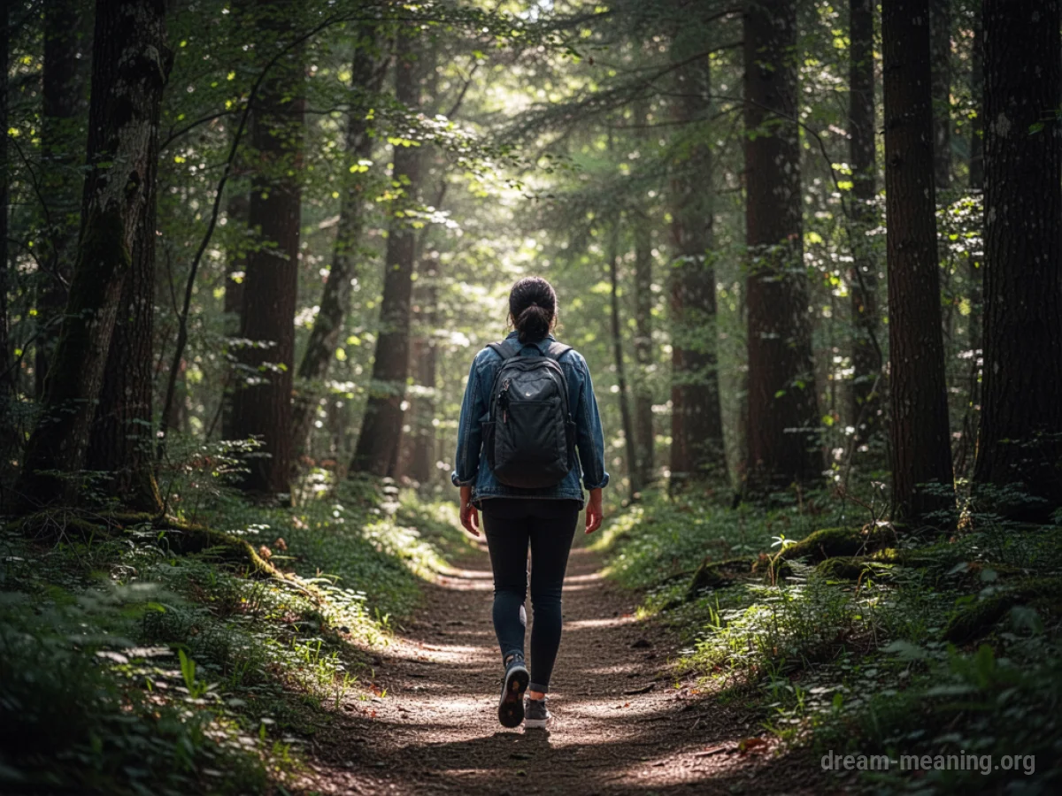 A person walking on a path through a sunlit forest.
