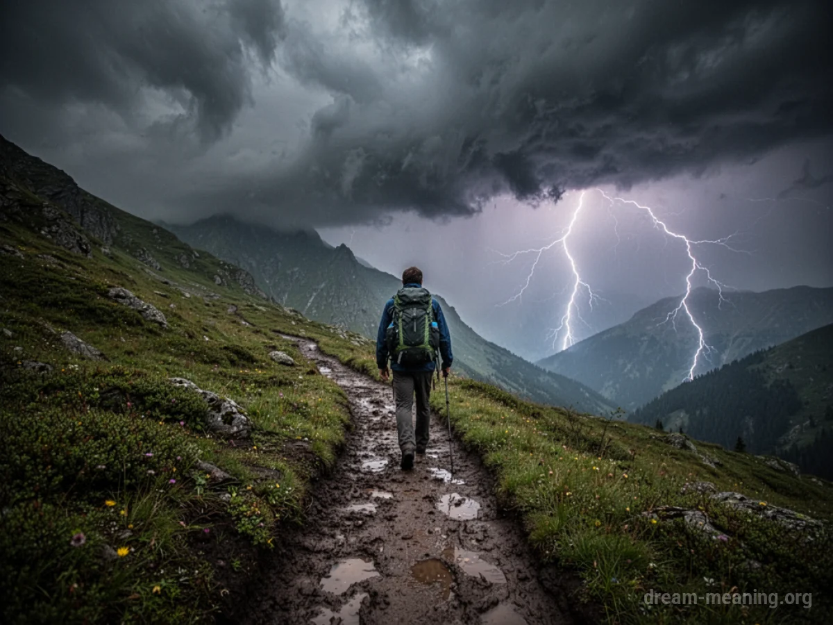 Silhouette of a person hiking on a mountain trail under stormy, dark clouds.