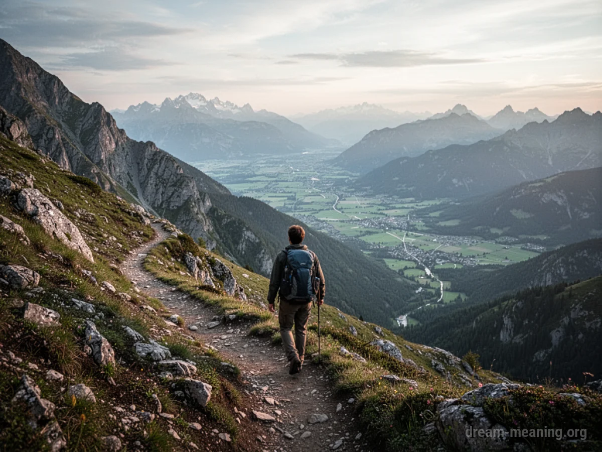 A person hiking up a rocky mountain trail.