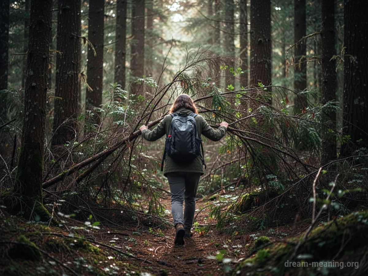 A person walking through a thick, dense forest with no visible path.