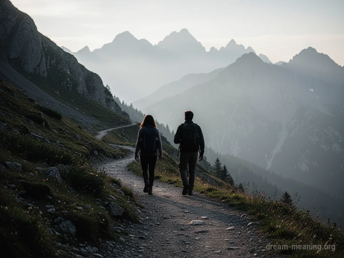Two figures walking on a mountain trail, one ahead of the other.