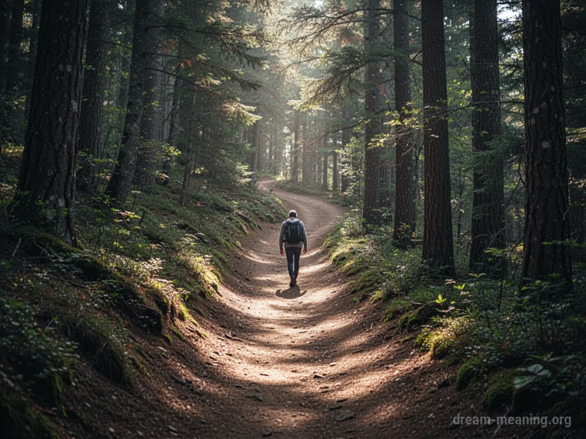 A person walking up a steep forest path.