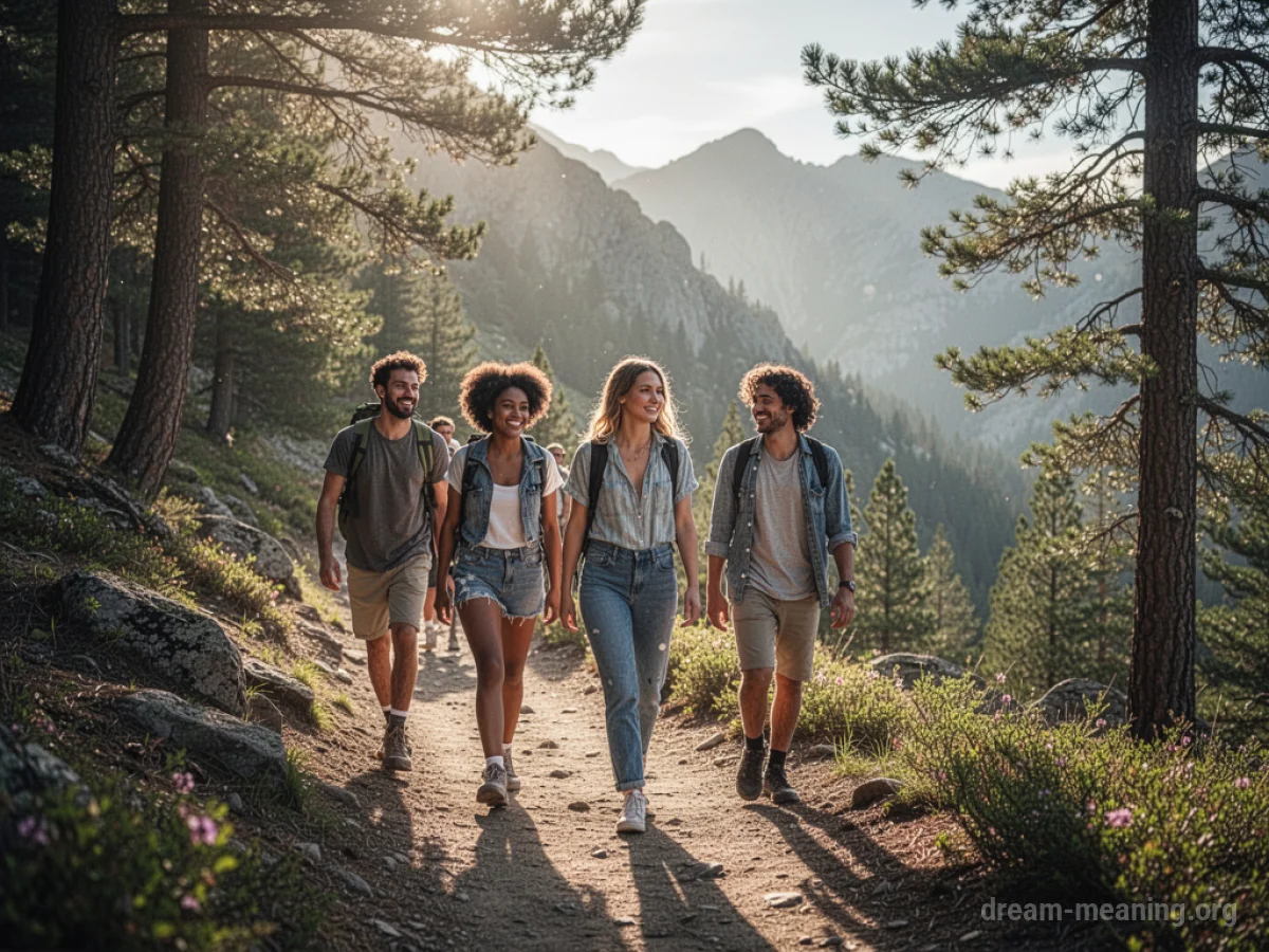 A group of people hiking together on a wooded path.