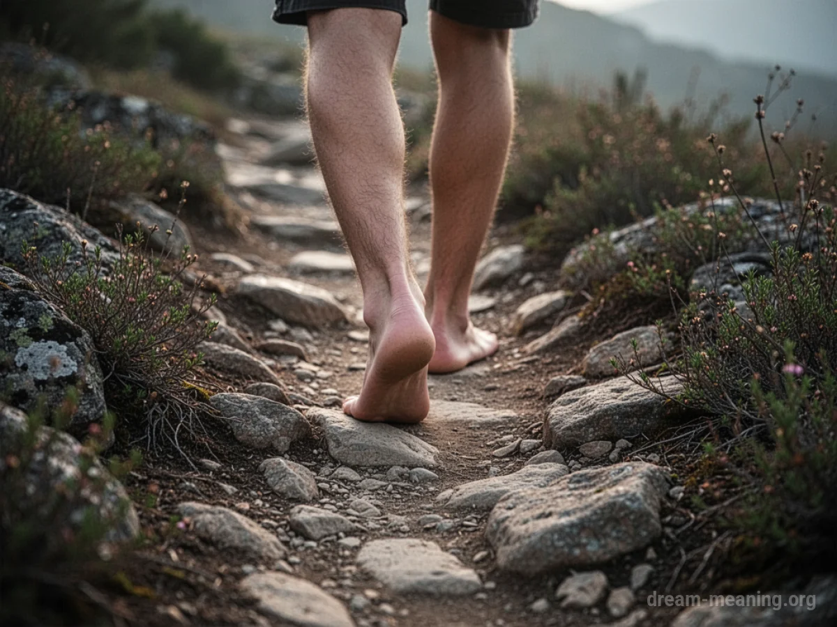 Bare feet walking on a rough, rocky hiking trail.