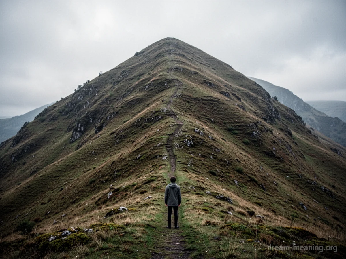A person facing a large, impassable hill blocking a trail.