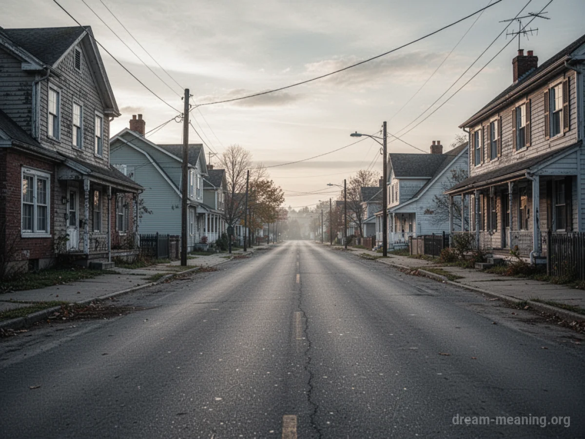 An empty street in a deserted town with vacant houses.