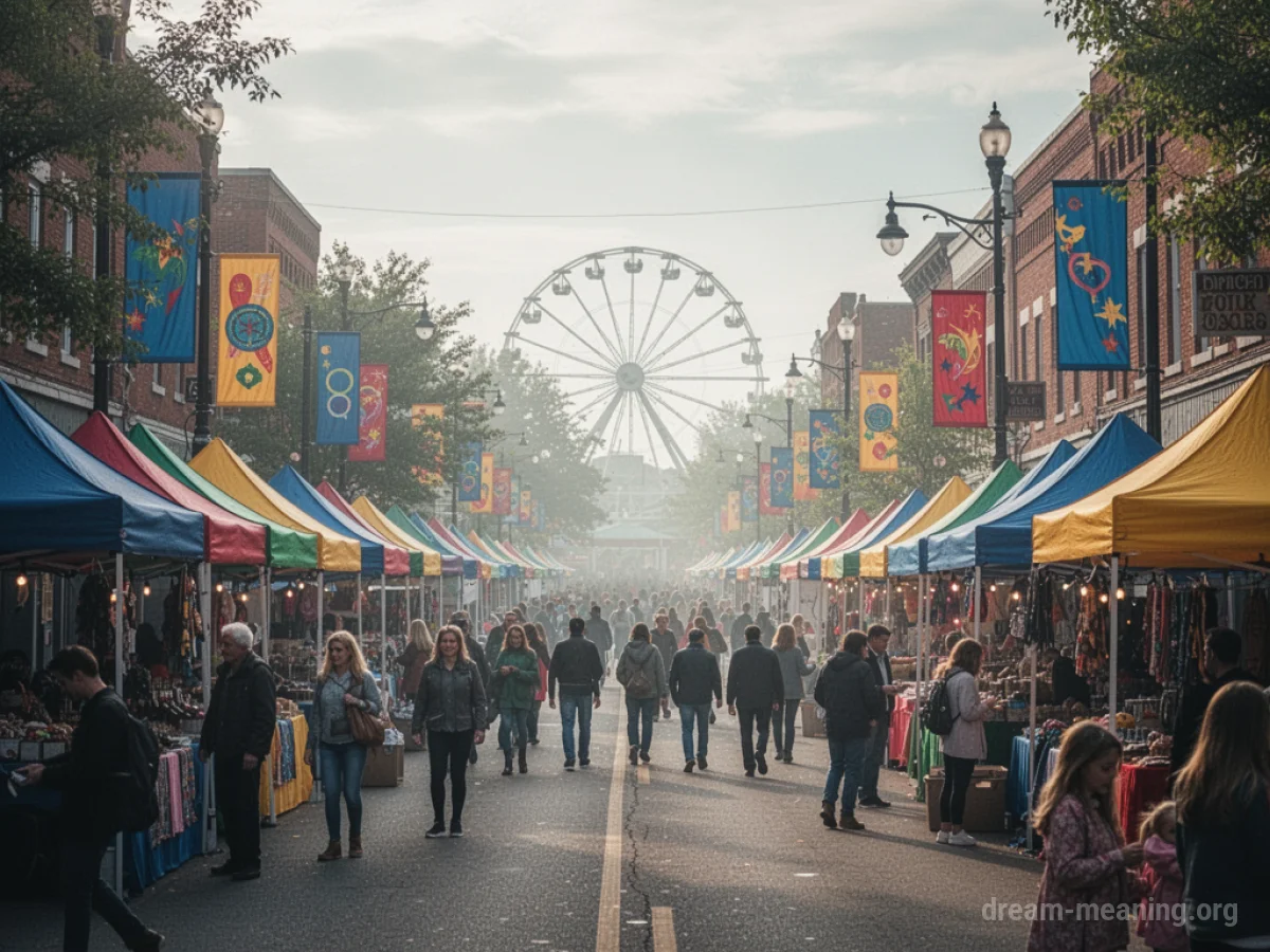 A bustling small-town festival scene with tents, banners, and people.