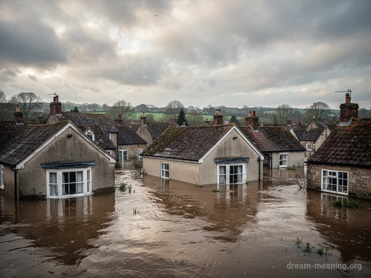 A town with water covering most of the buildings, with only the upper parts visible.