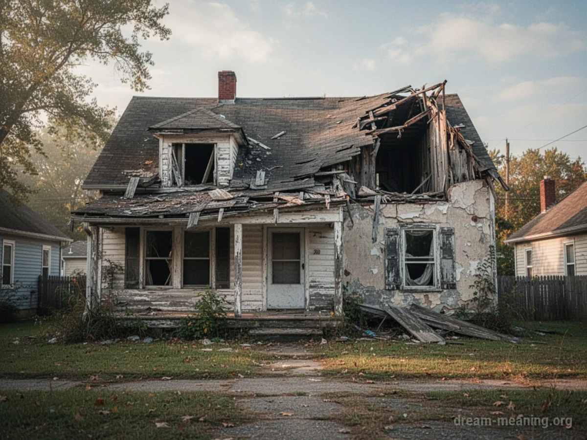 A dilapidated house in a recognizable hometown landscape with visible structural damage.