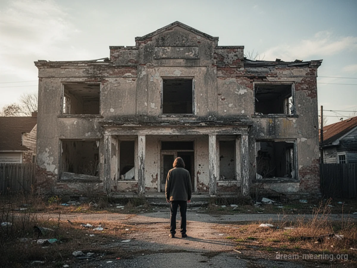 A person stands looking at a crumbling building.