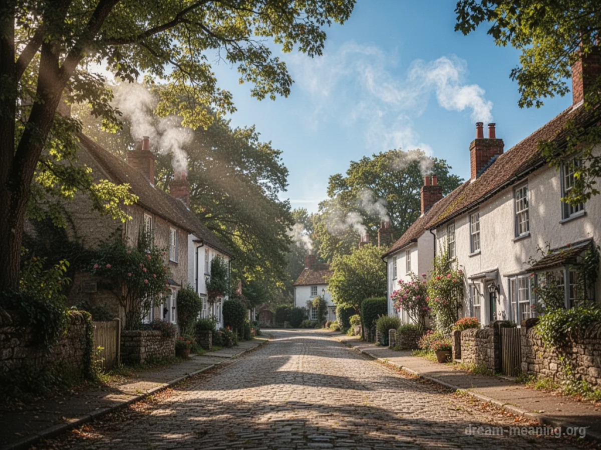 A sunlit street in a peaceful hometown with houses and trees.