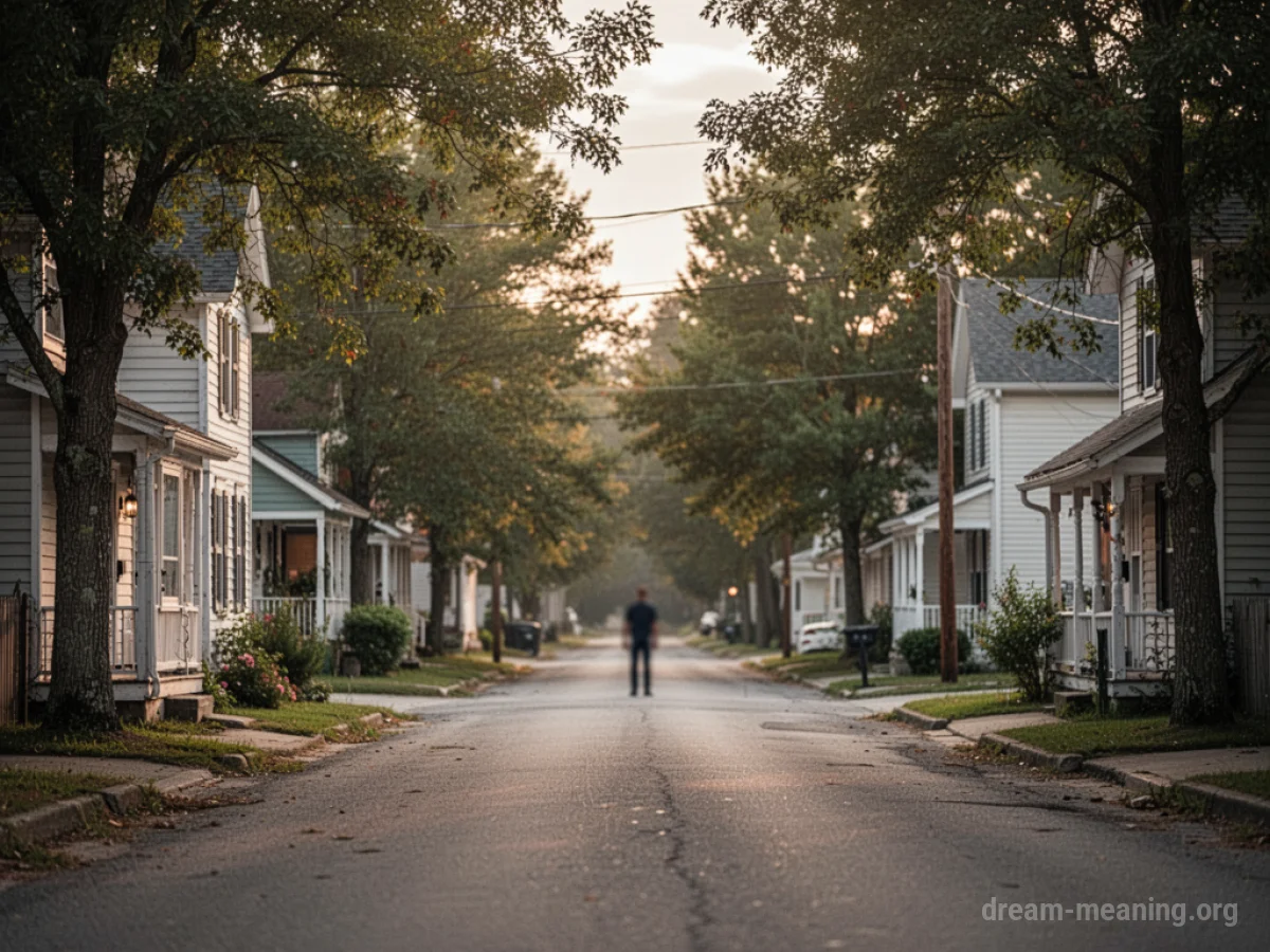 A quaint town street with houses and trees under soft lighting.