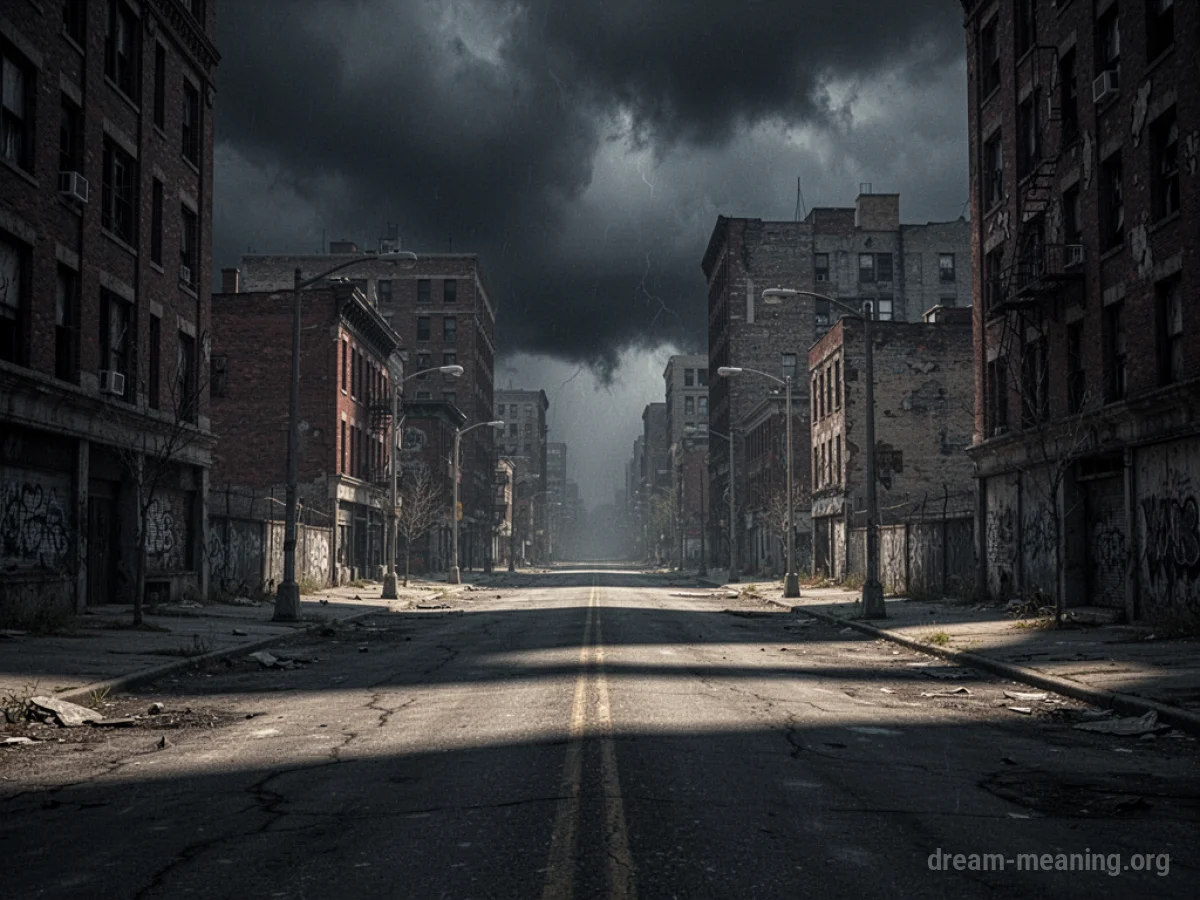 A dark, empty city street under a stormy sky.