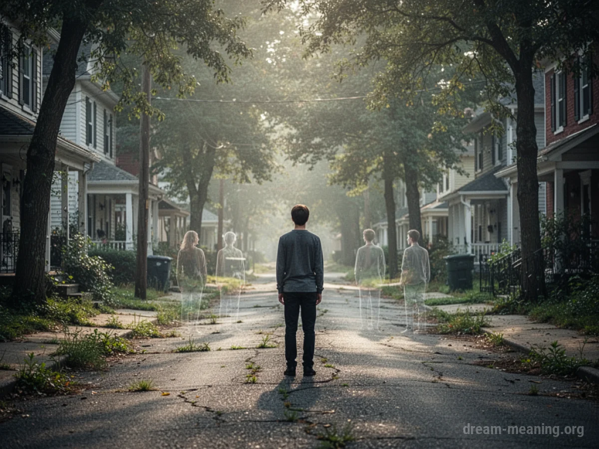 A lone person in a quiet hometown street with faint figures in the distance.