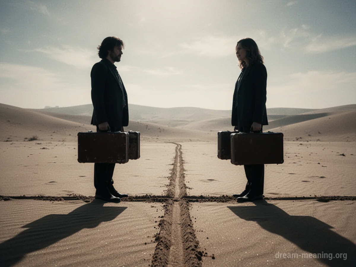 Two indistinct figures facing each other across a line with briefcases.
