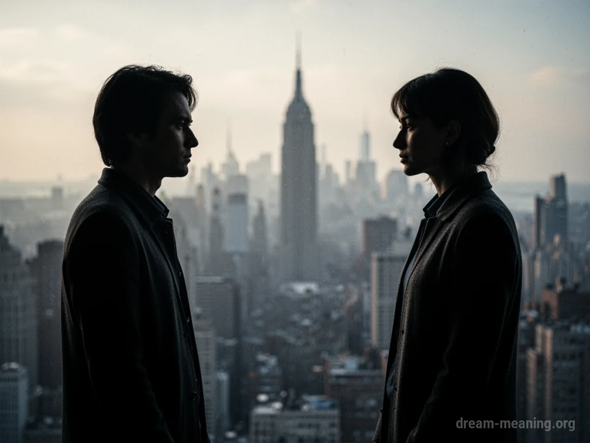 Two silhouetted figures facing each other with a cityscape behind them.