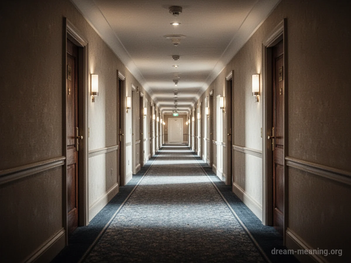An empty hotel hallway with doors lining the walls.