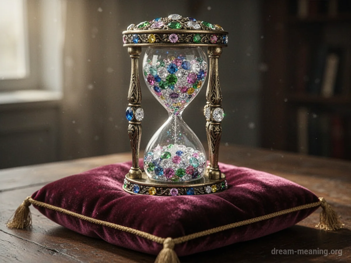 An ornate hourglass filled with sparkling jewels.