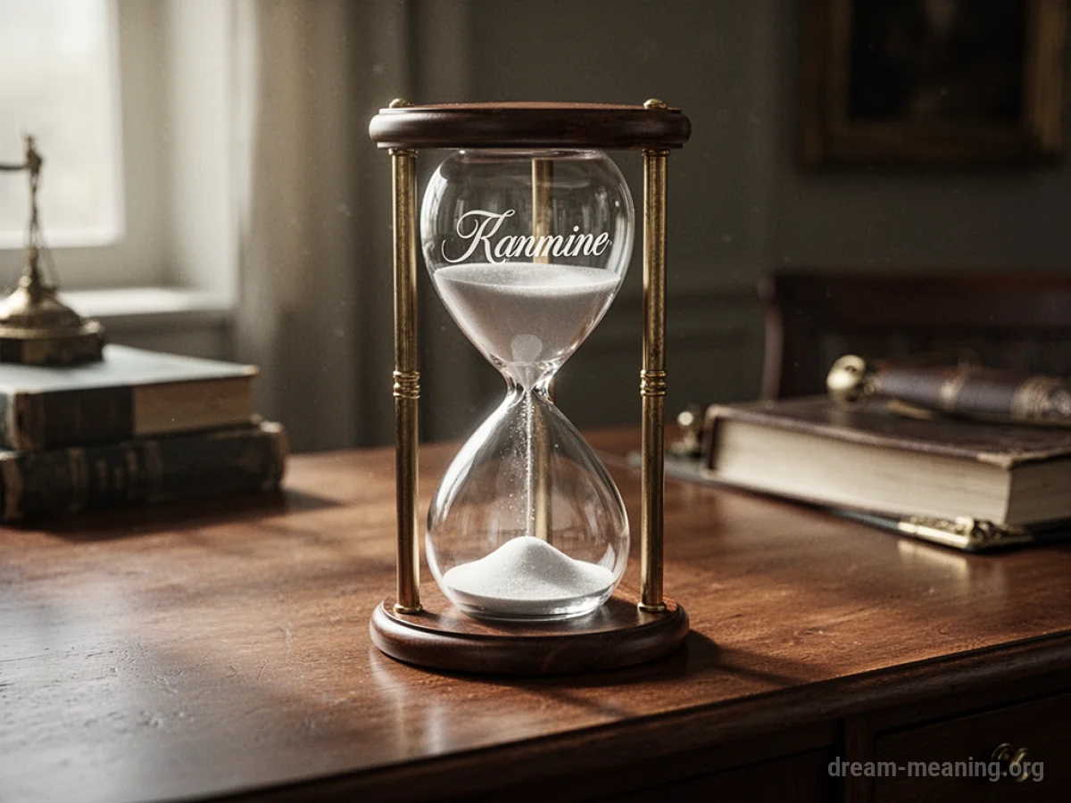 A glass hourglass with a name written on its surface.