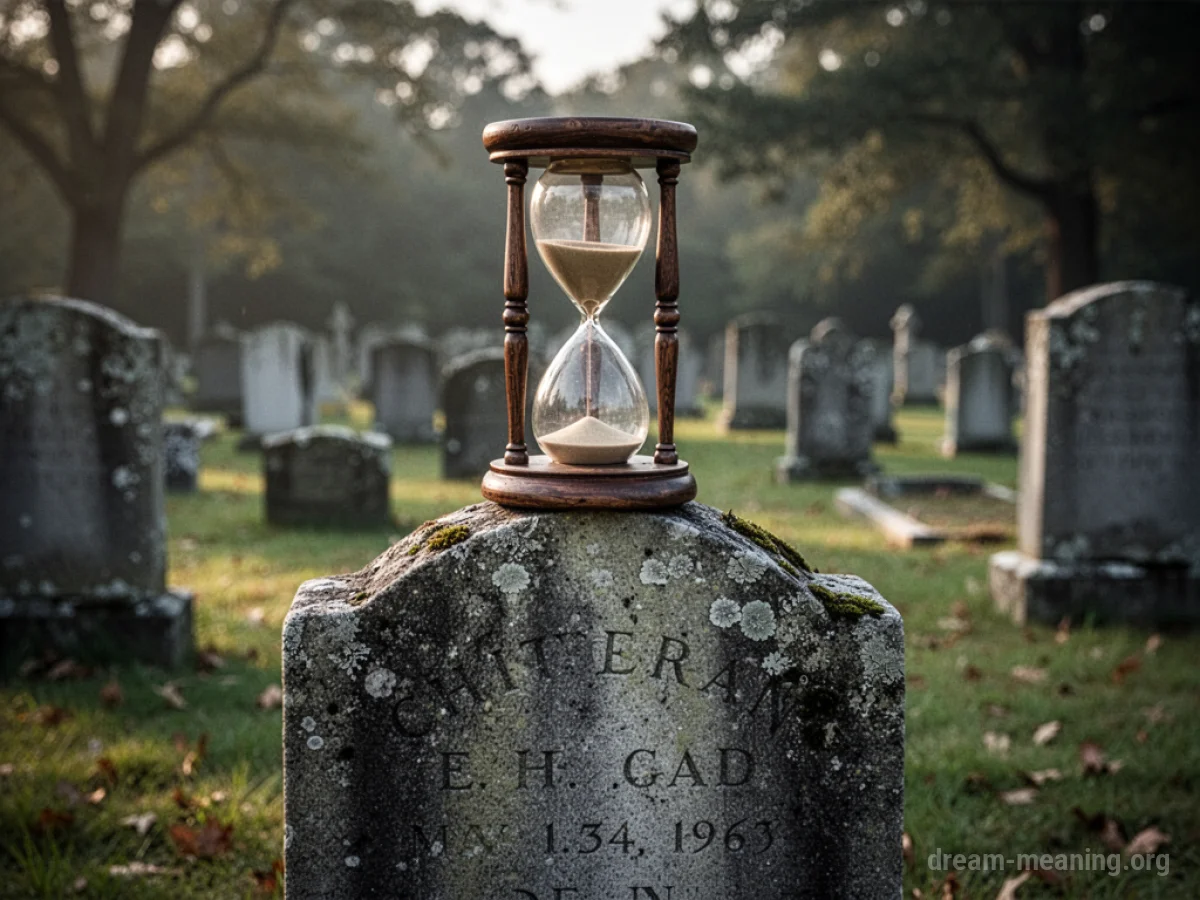 An hourglass positioned on a tombstone.