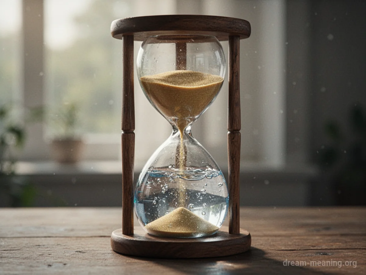 An hourglass with sand in the top bulb and water in the bottom bulb.