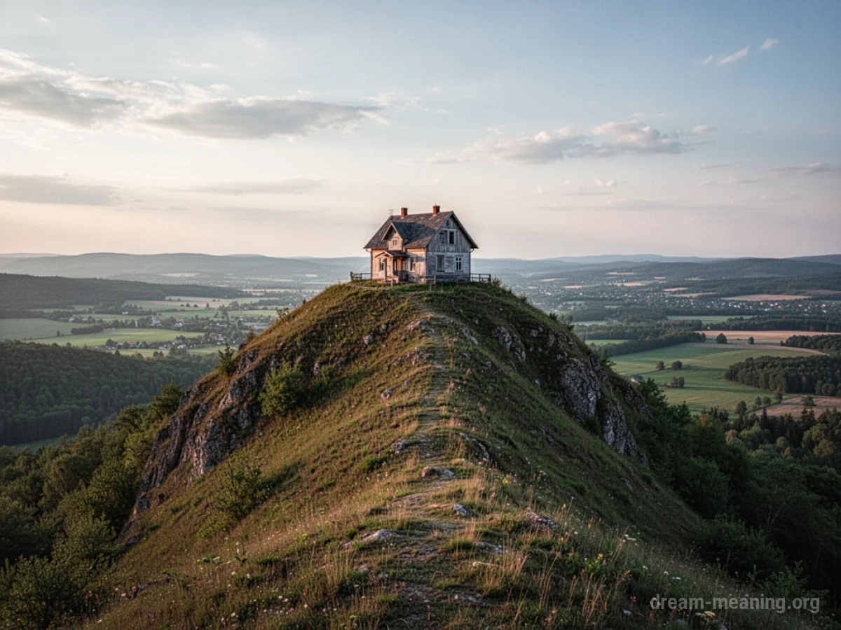 A house situated on the crest of a hill overlooking a valley.