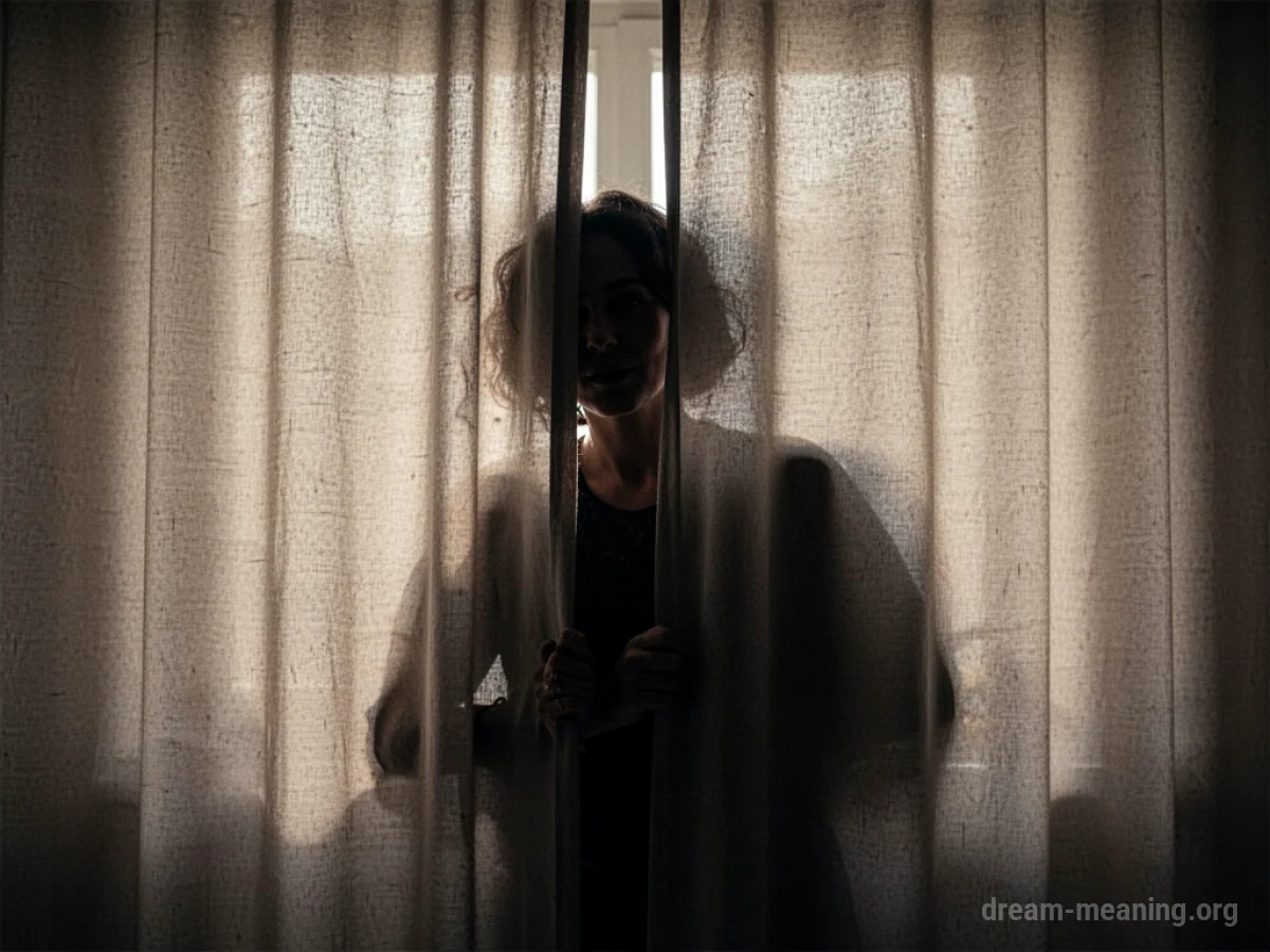 Silhouette of a person partially visible behind a curtain.