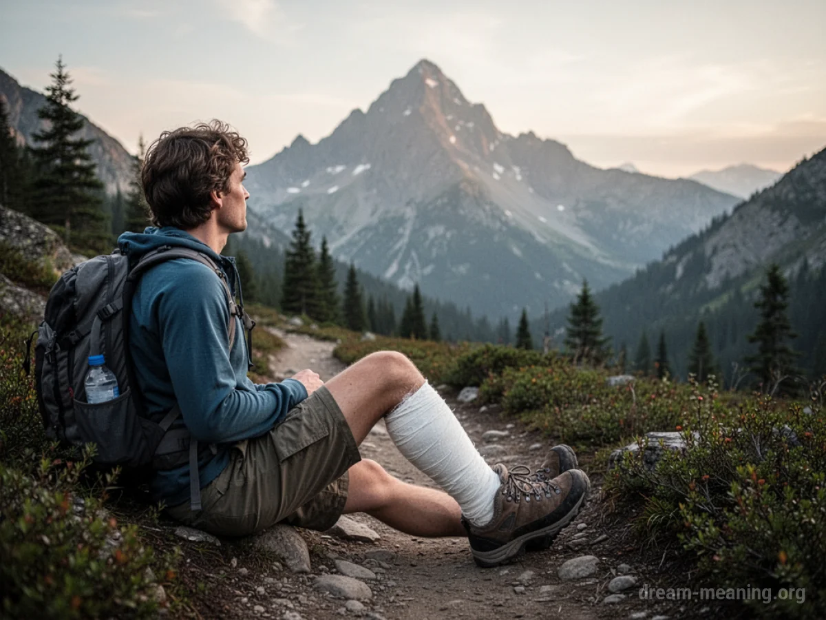 A hiker with a bandaged leg rests on a path, looking at a mountain.