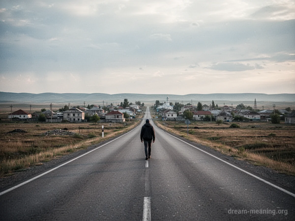 A person walking away from a small town on a road.
