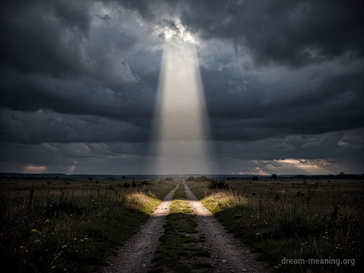 A bright light shines through a dark, cloudy sky.