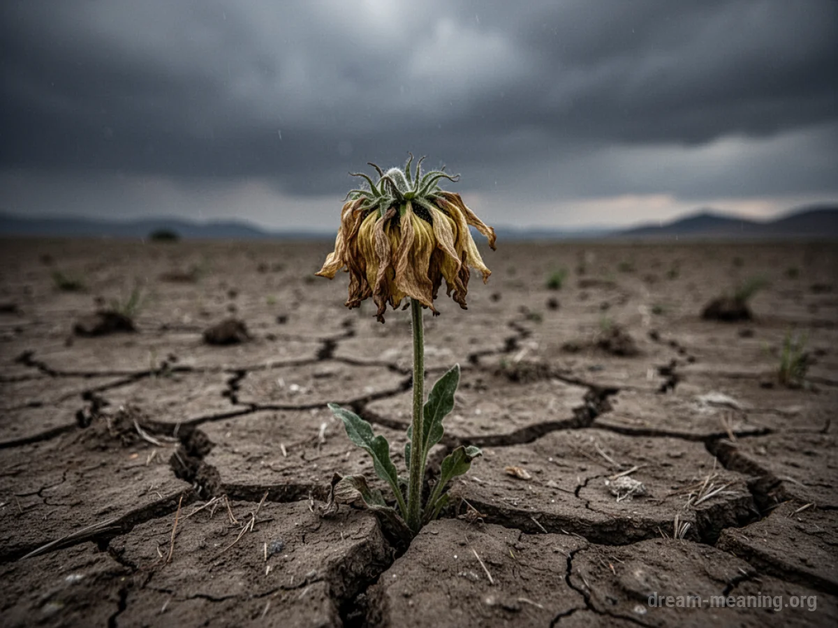A single wilting flower in a dry, cracked earth under a dark sky.