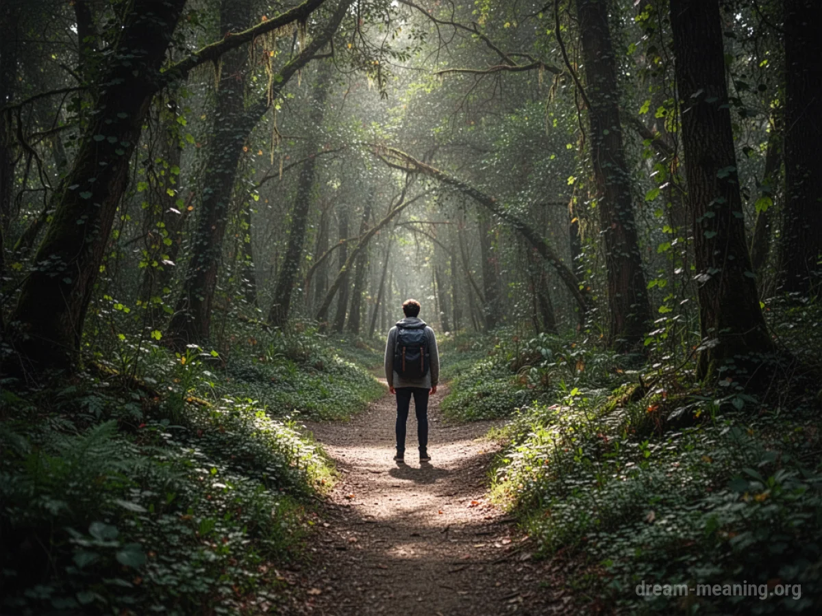 A person stands at a fork in a forest path, looking uncertain.