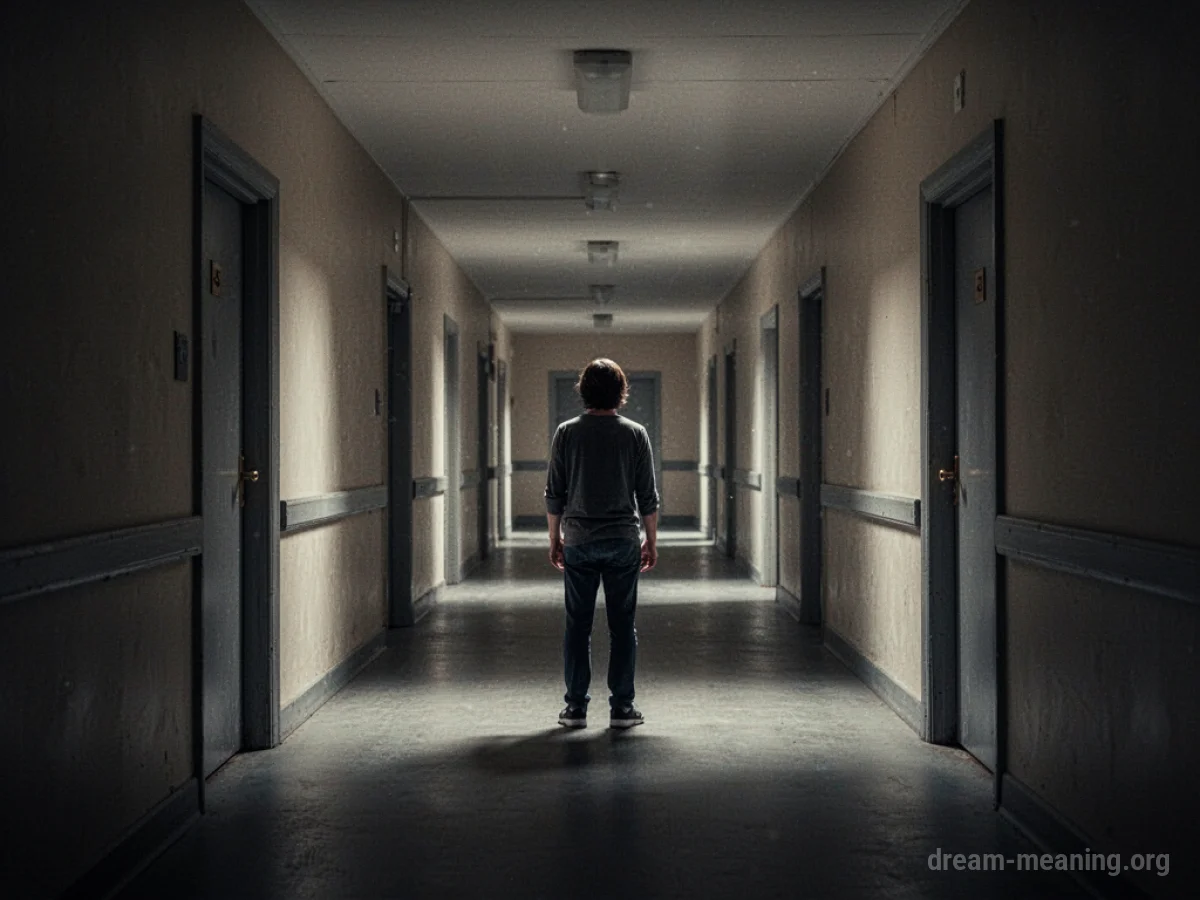 A person stands at a crossroads of identical, dark hallways.
