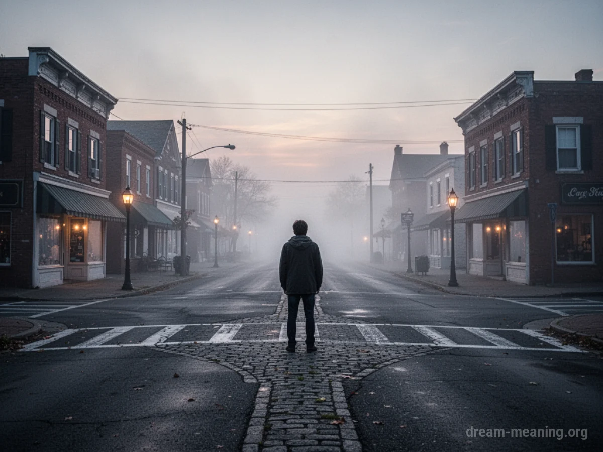 A person stands at an empty street intersection in a foggy town.