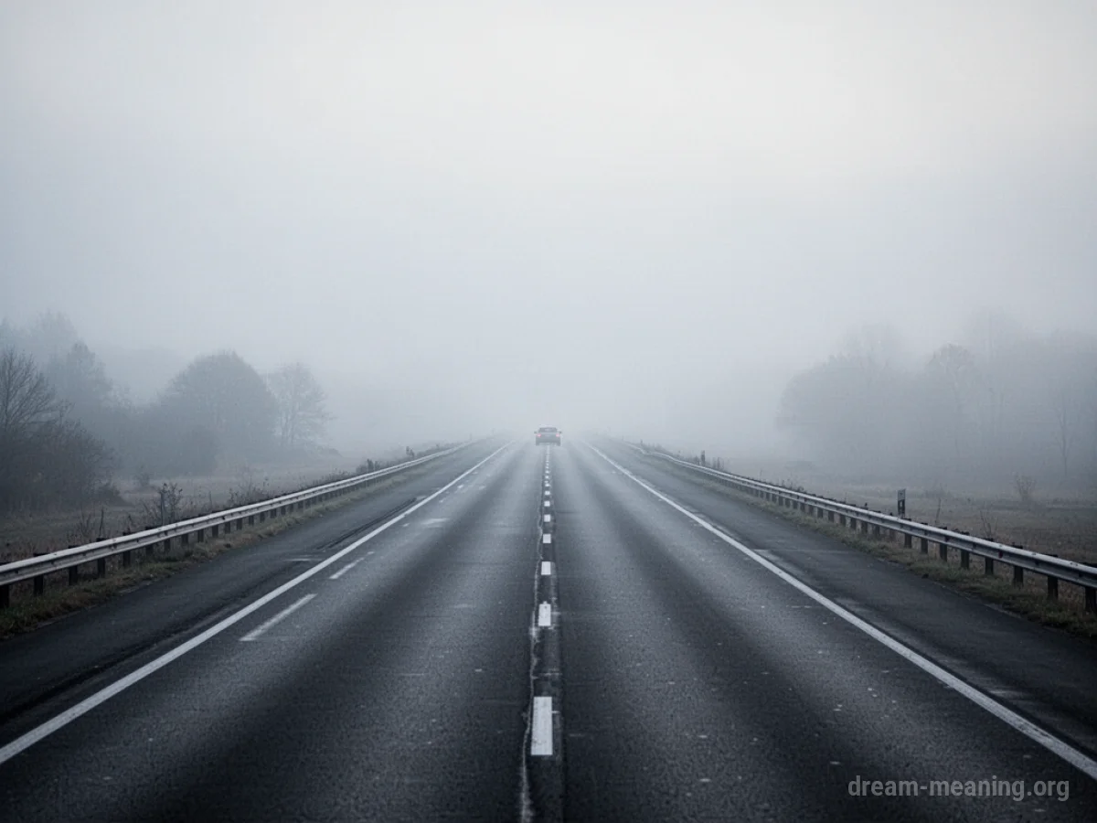 A car on a long, straight highway disappearing into a dense fog.