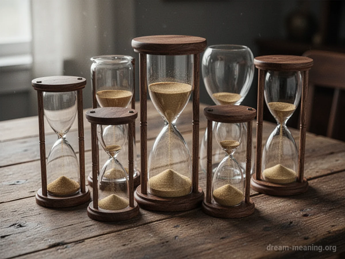 Multiple hourglasses displayed on a surface.