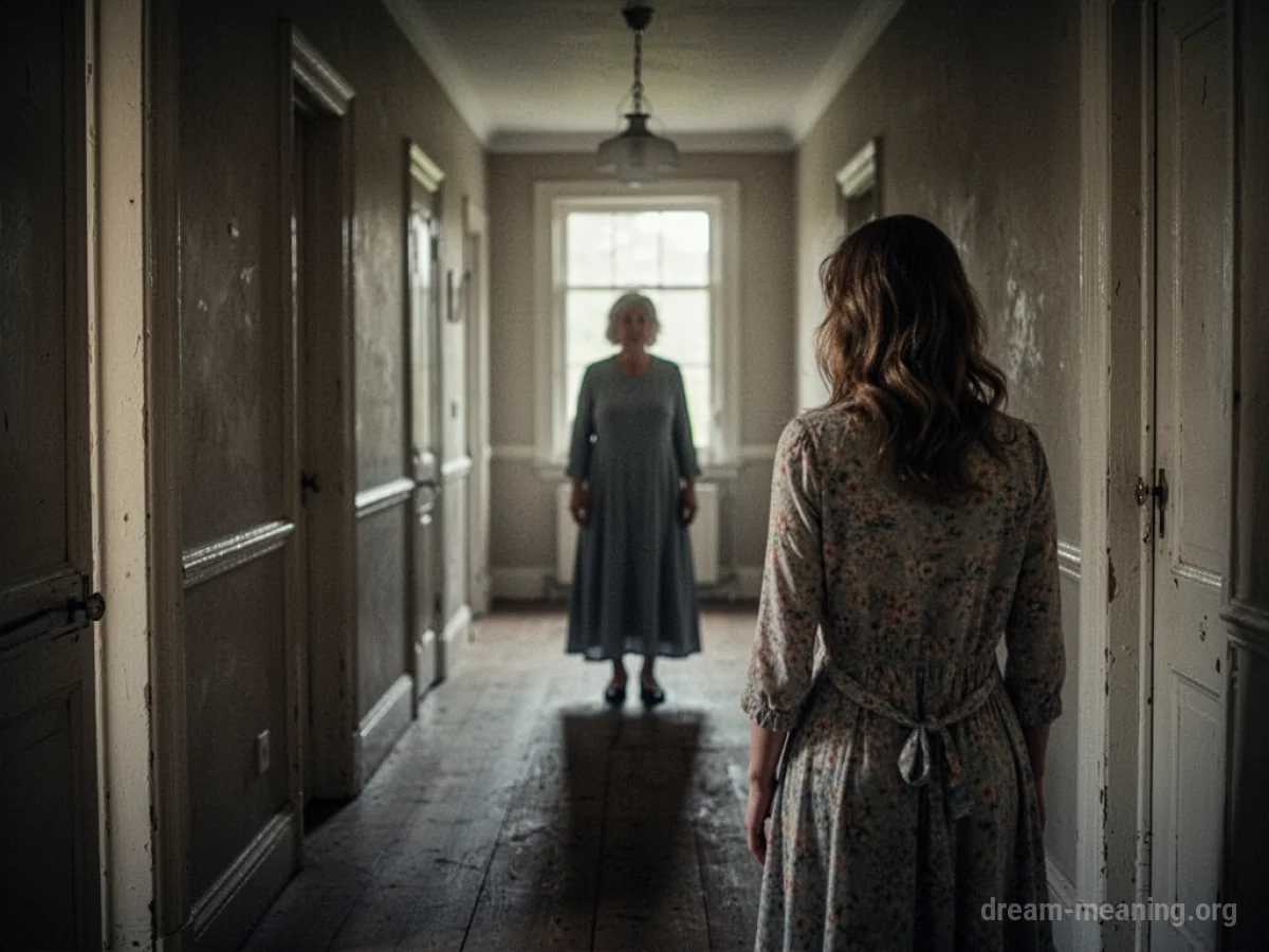 A woman stands in a long hallway looking towards a maternal figure.