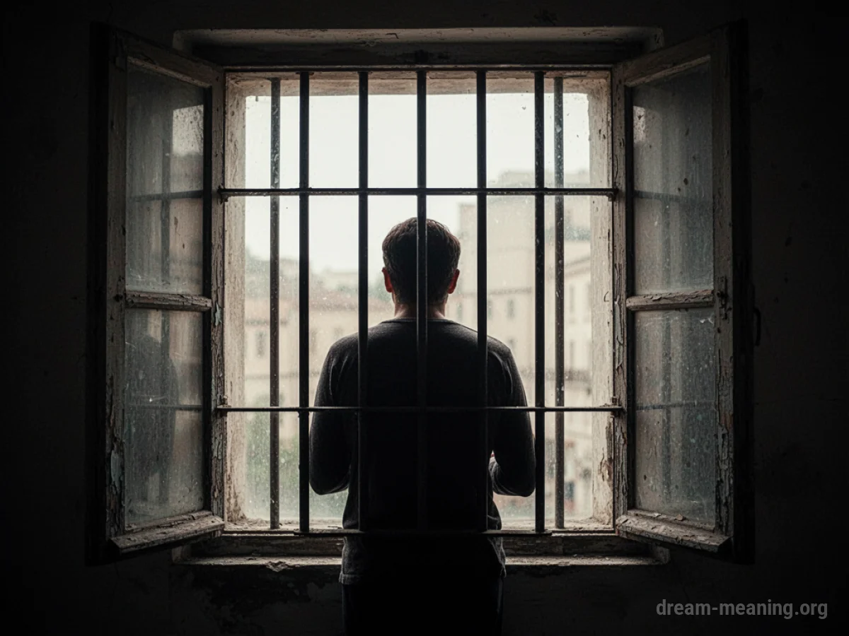 Silhouette of a person behind bars.