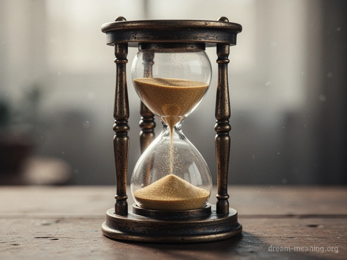 An antique hourglass with sand flowing from top to bottom.