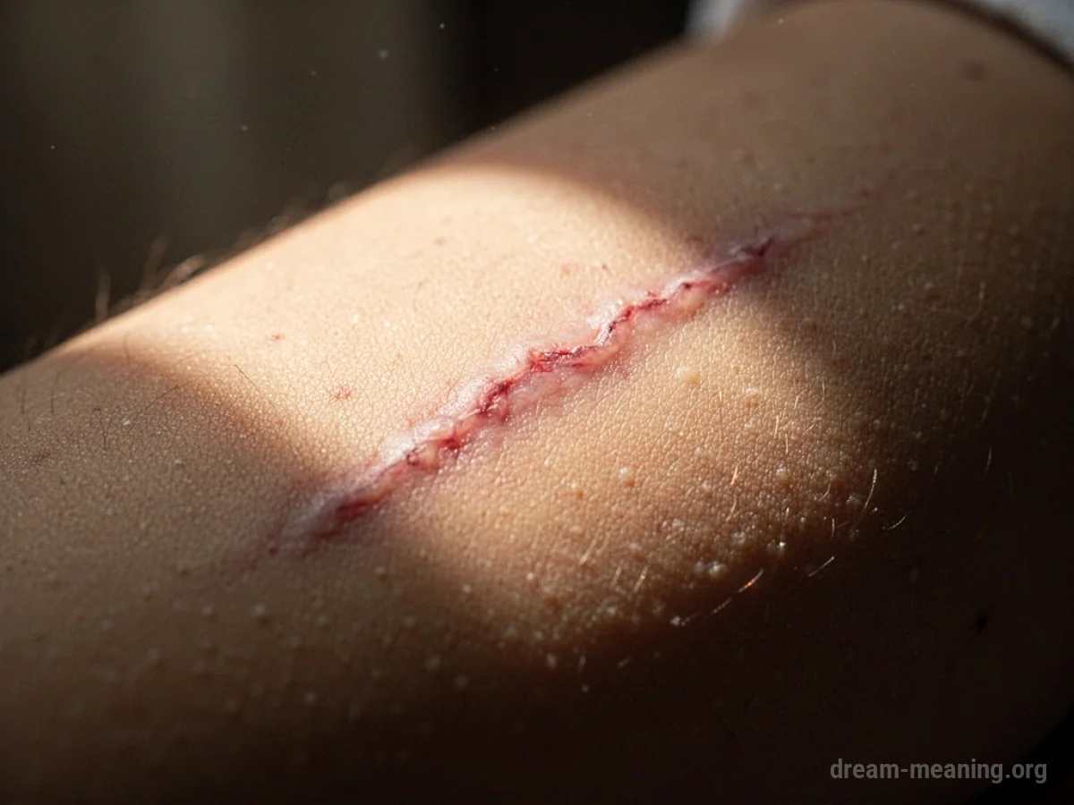 A faint scar on skin under a soft light.