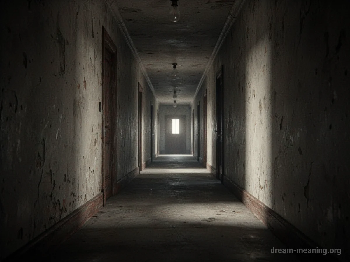 A person walking down a long, narrow corridor with walls that appear to be closing in.