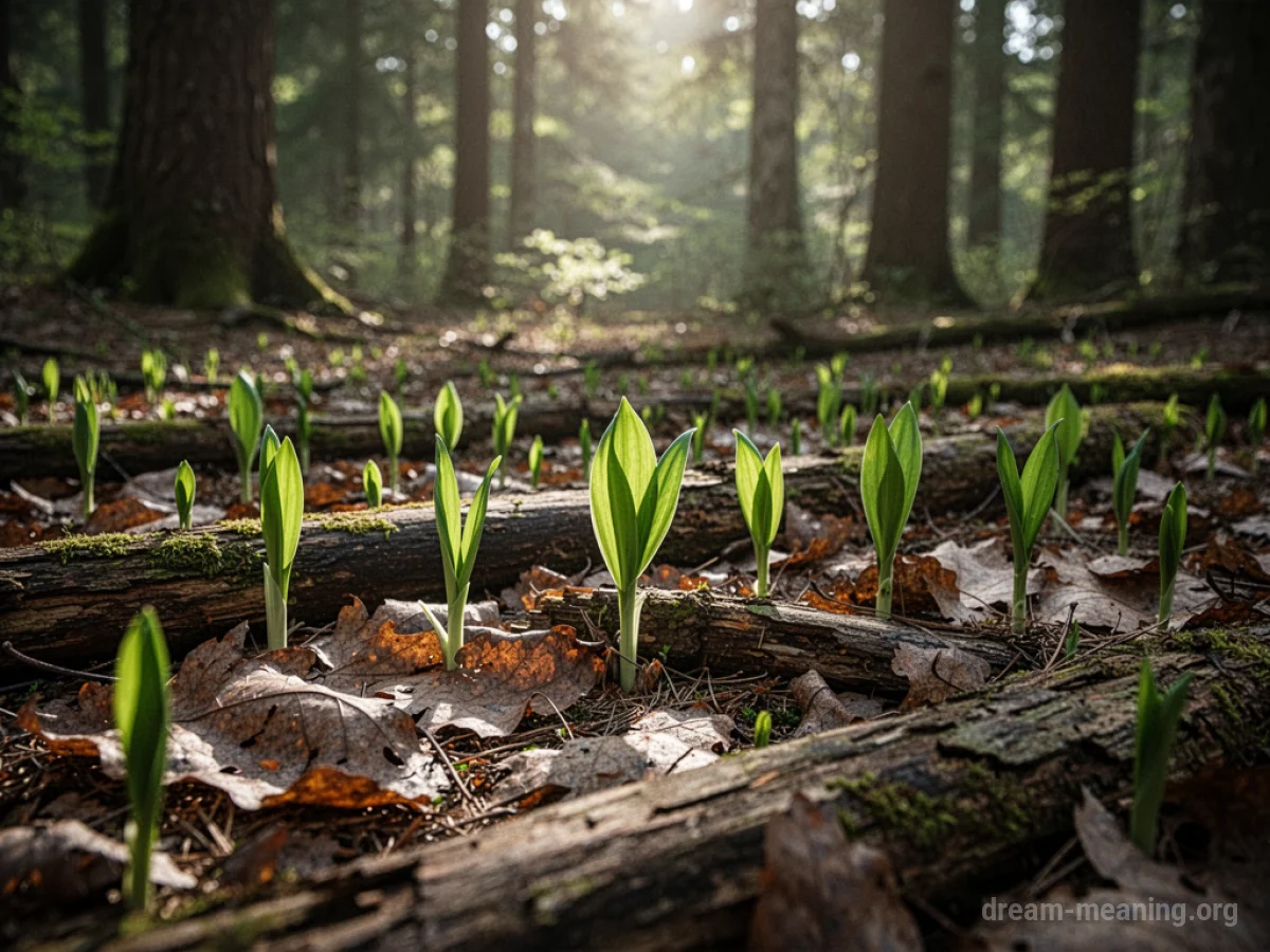 New green plants growing through the forest floor.