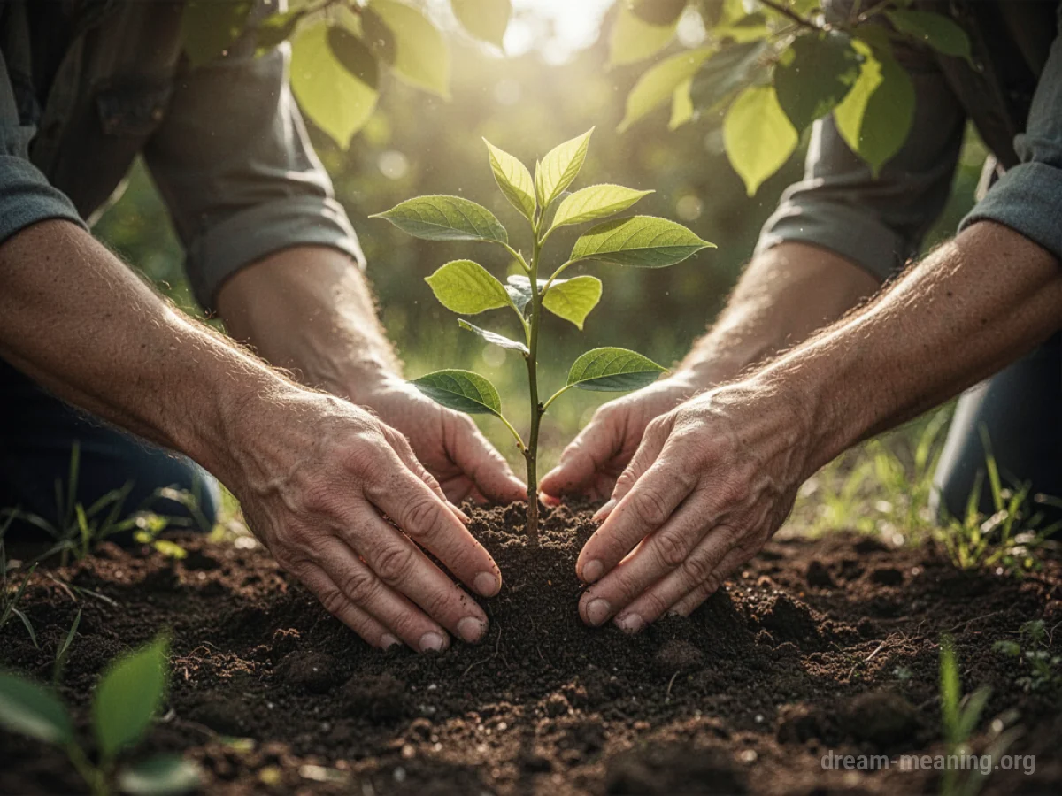 Hands planting a small green sapling in dark soil.