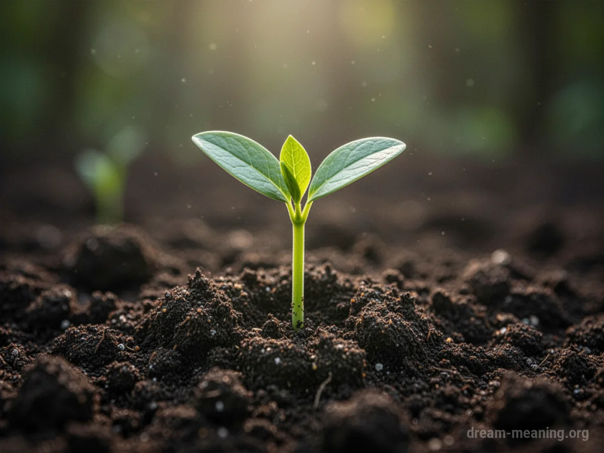 A small green sprout emerging from dark soil.