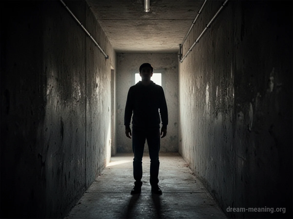 Silhouette of a person standing at the end of a dark, narrow hallway.