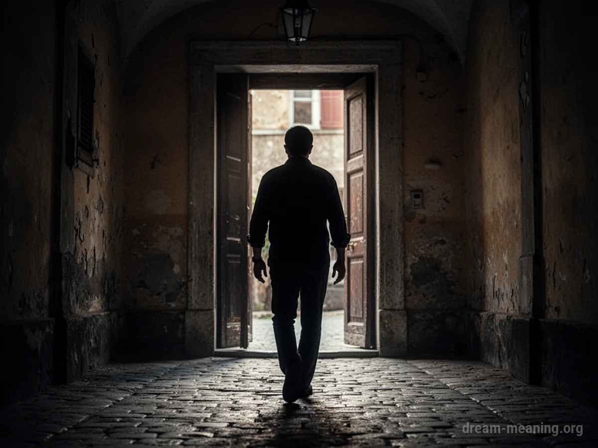 Silhouette of a person facing a dimly lit doorway.