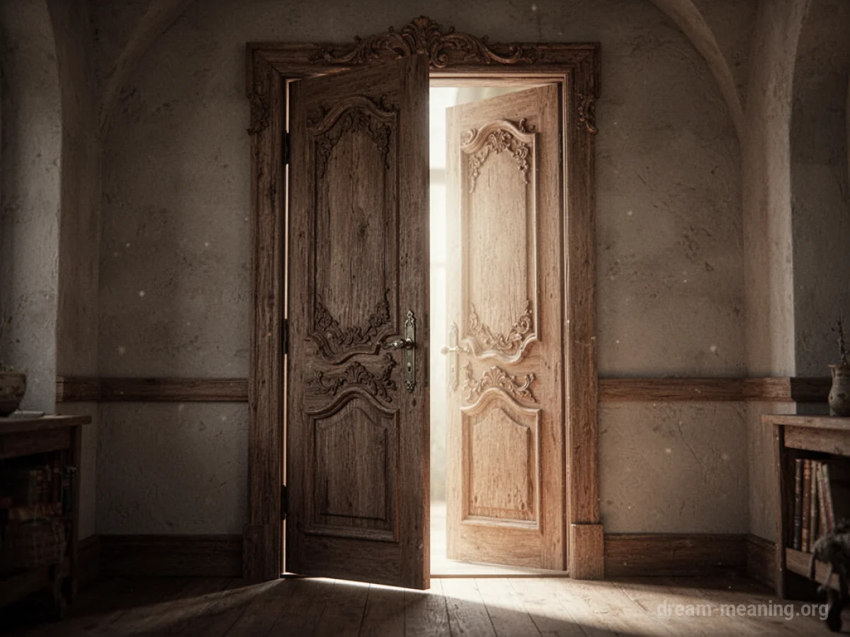 A slightly open door with light coming through the gap.